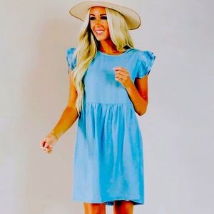 Flutter sleeve, chambray colored linen/cotton dress! Modest length, relaxed fit!